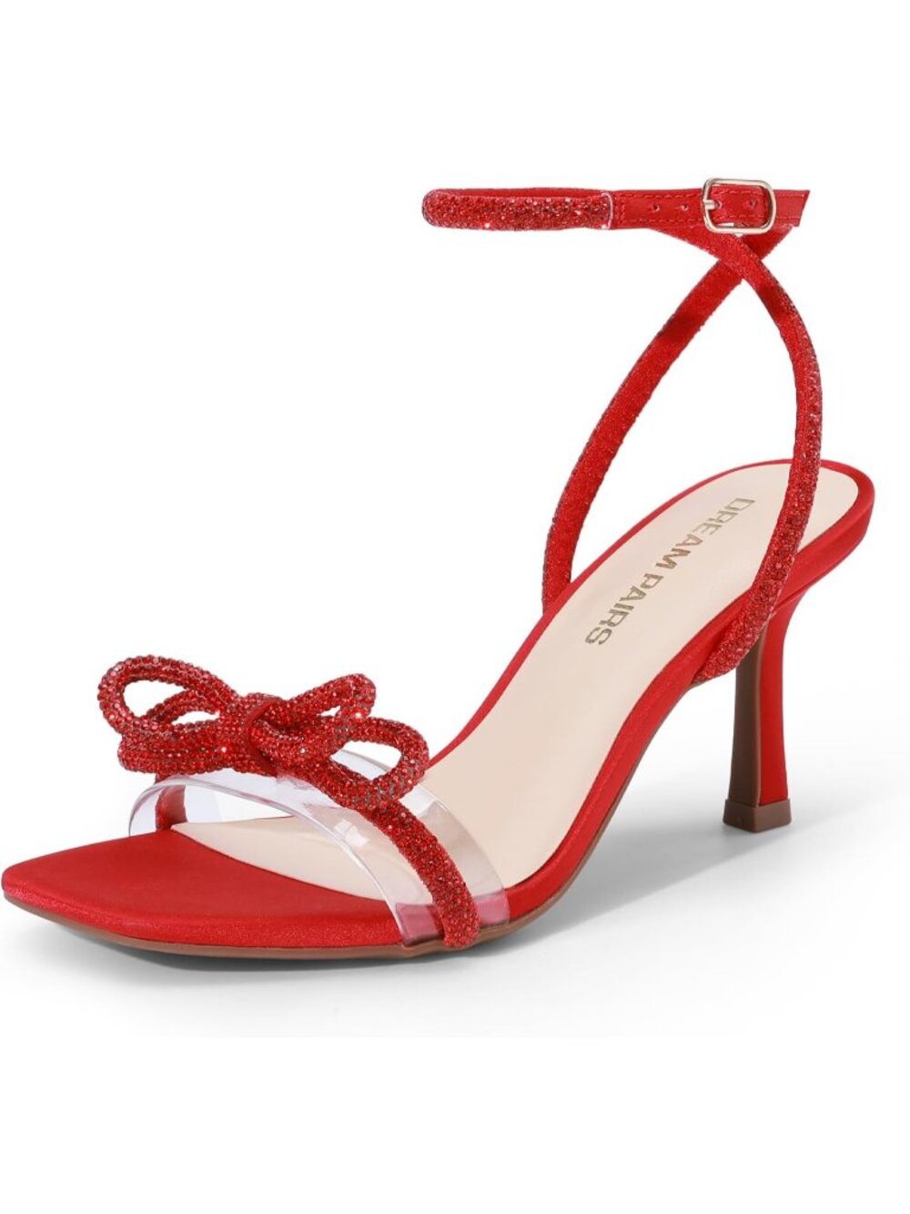 DREAM PAIRS Women's Red Double Bowknots Heels Open Square Toe Ankle Strap